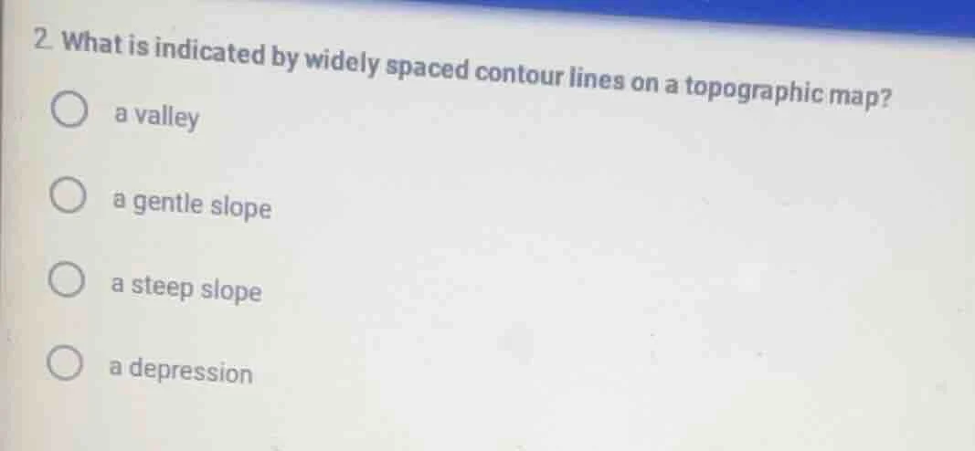 2. what is indicated by widely spaced contour lines on a topographic ma…