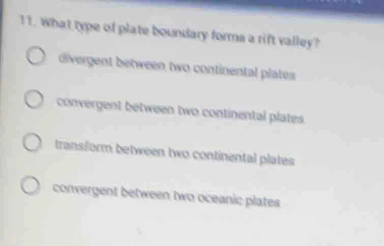 11. what type of plate boundary forms a rift valley? - divergent betwee…