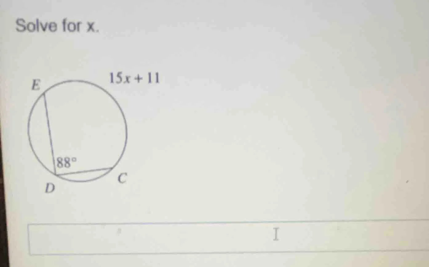 solve for x. e 15x + 11 88° d c