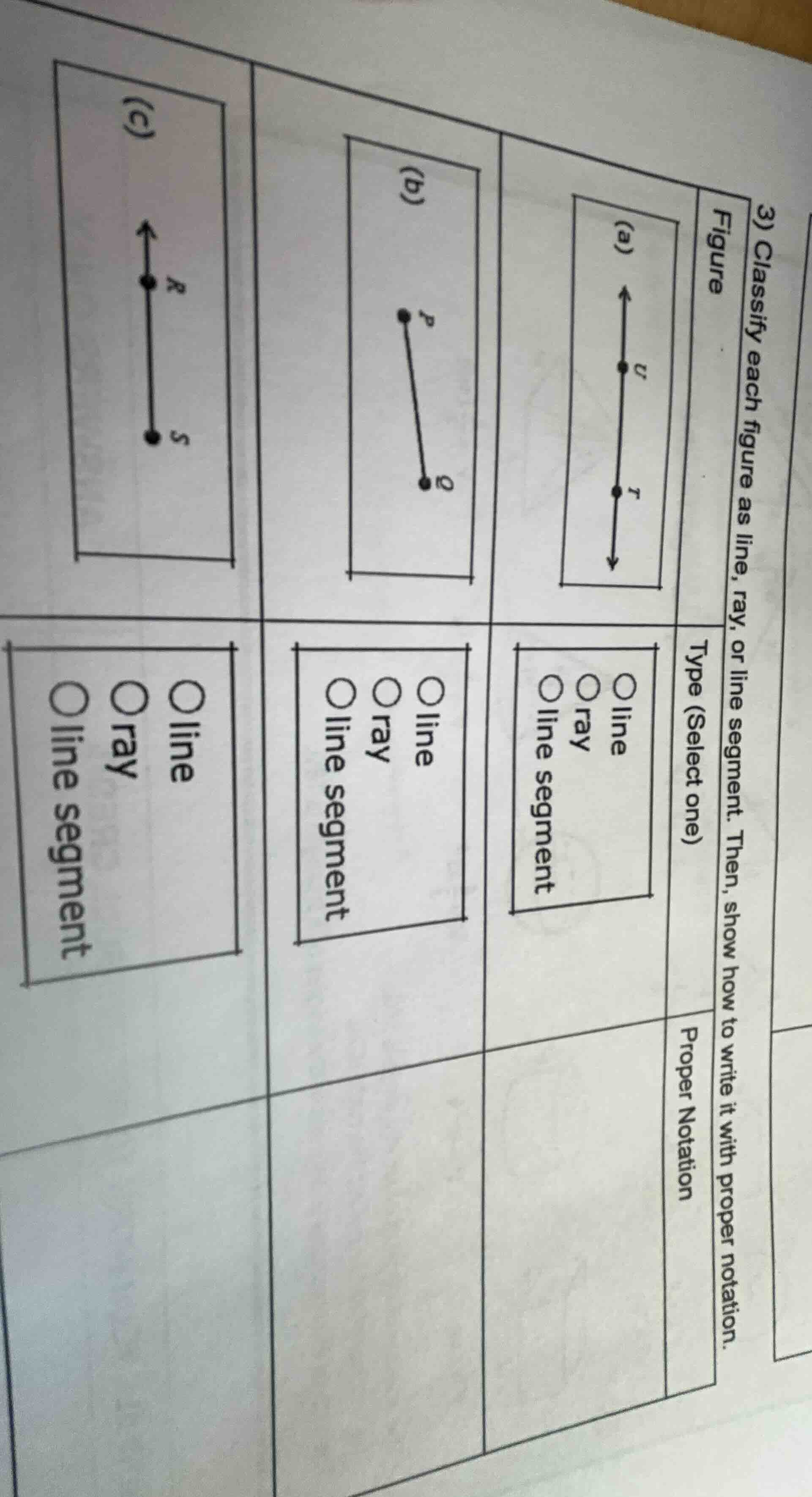 3) classify each figure as line, ray, or line segment. then, show how t…