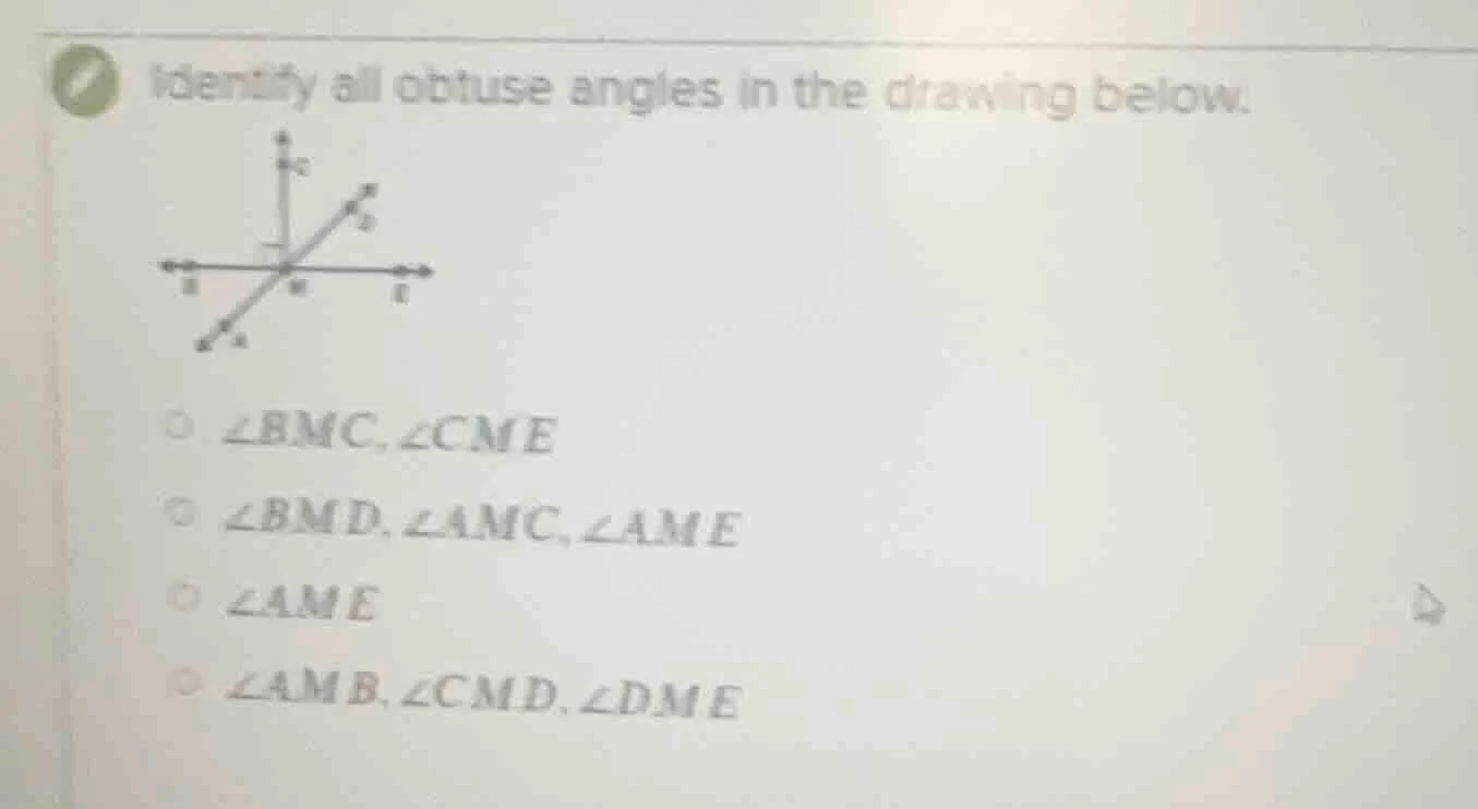 identify all obtuse angles in the drawing below. options: ∠bmc, ∠cme ∠b…