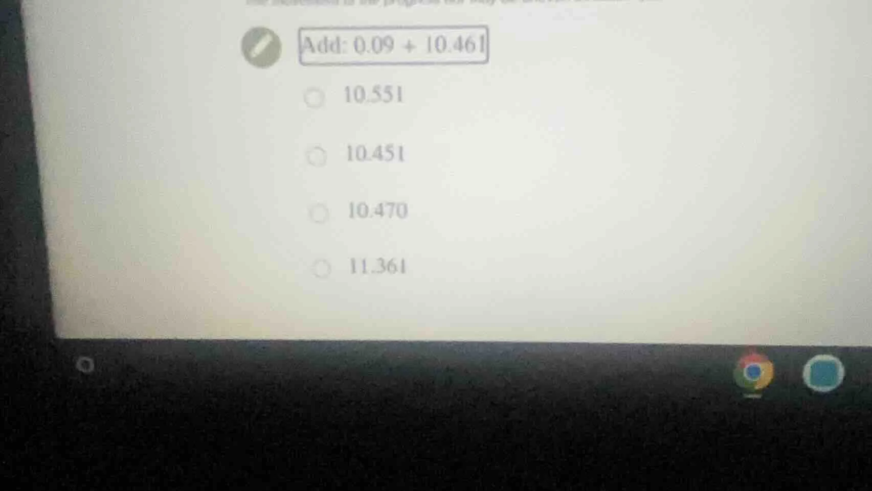 add: 0.09 + 10.461 10.551 10.451 10.470 11.361