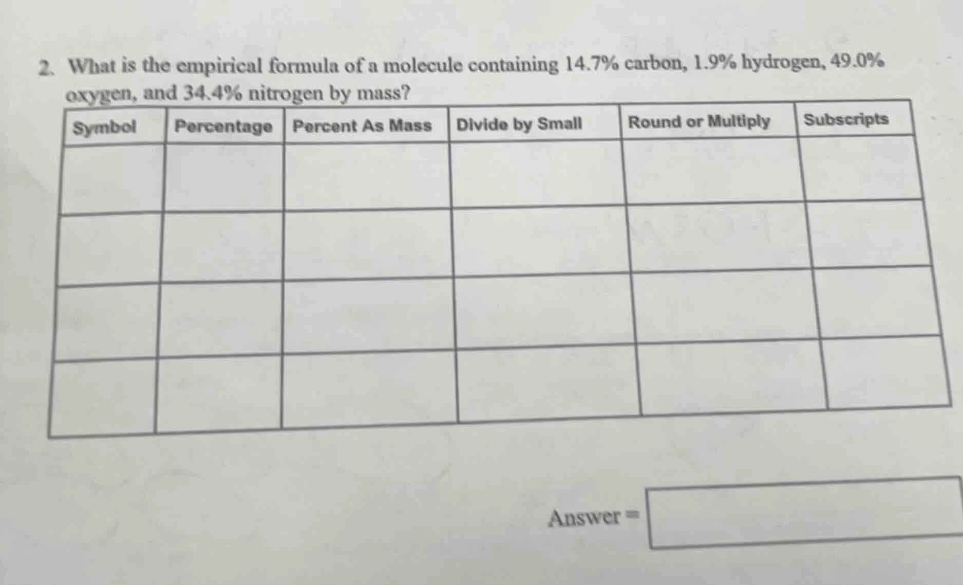 2. what is the empirical formula of a molecule containing 14.7% carbon,…
