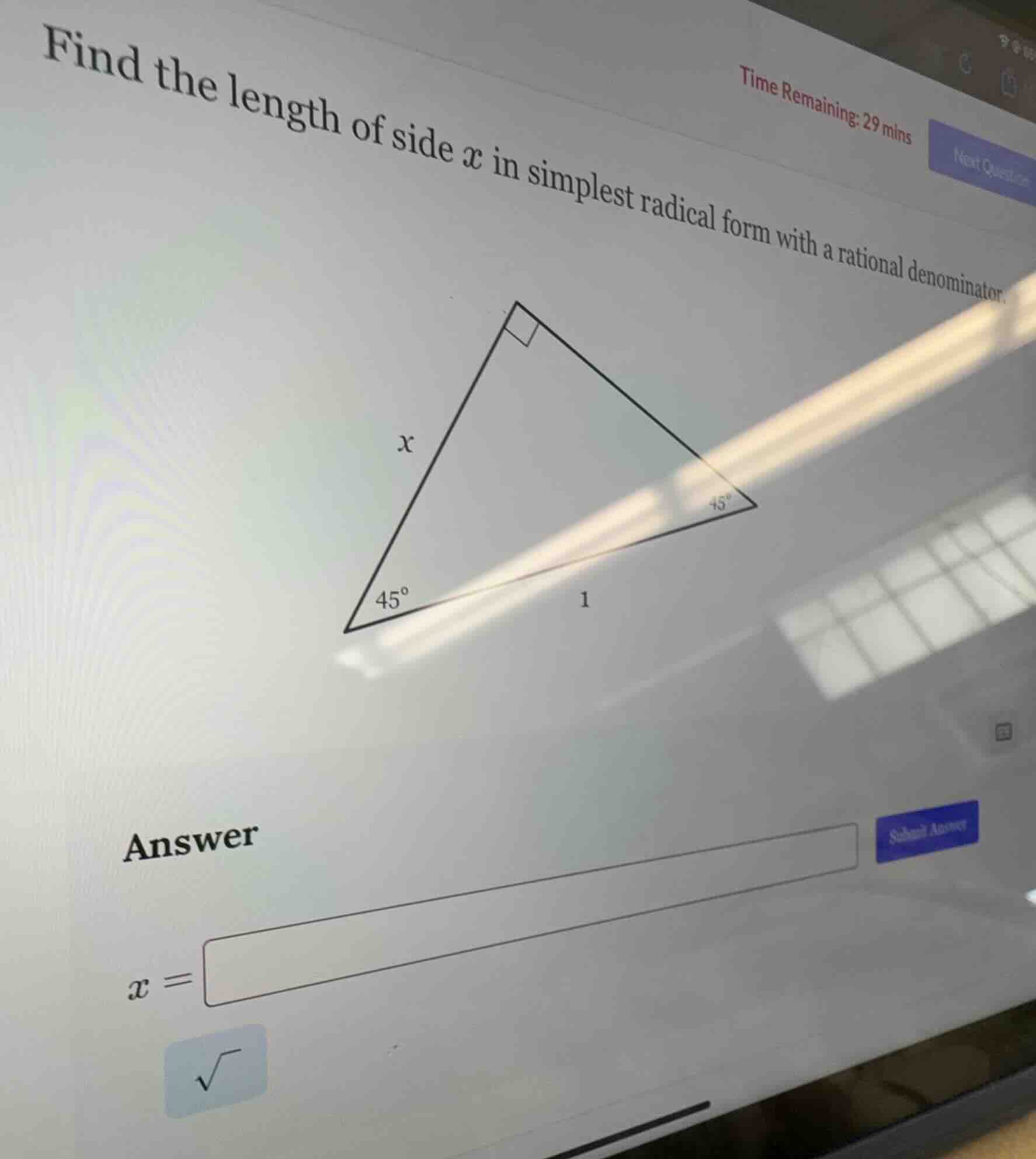 find the length of side ( x ) in simplest radical form with a rational …