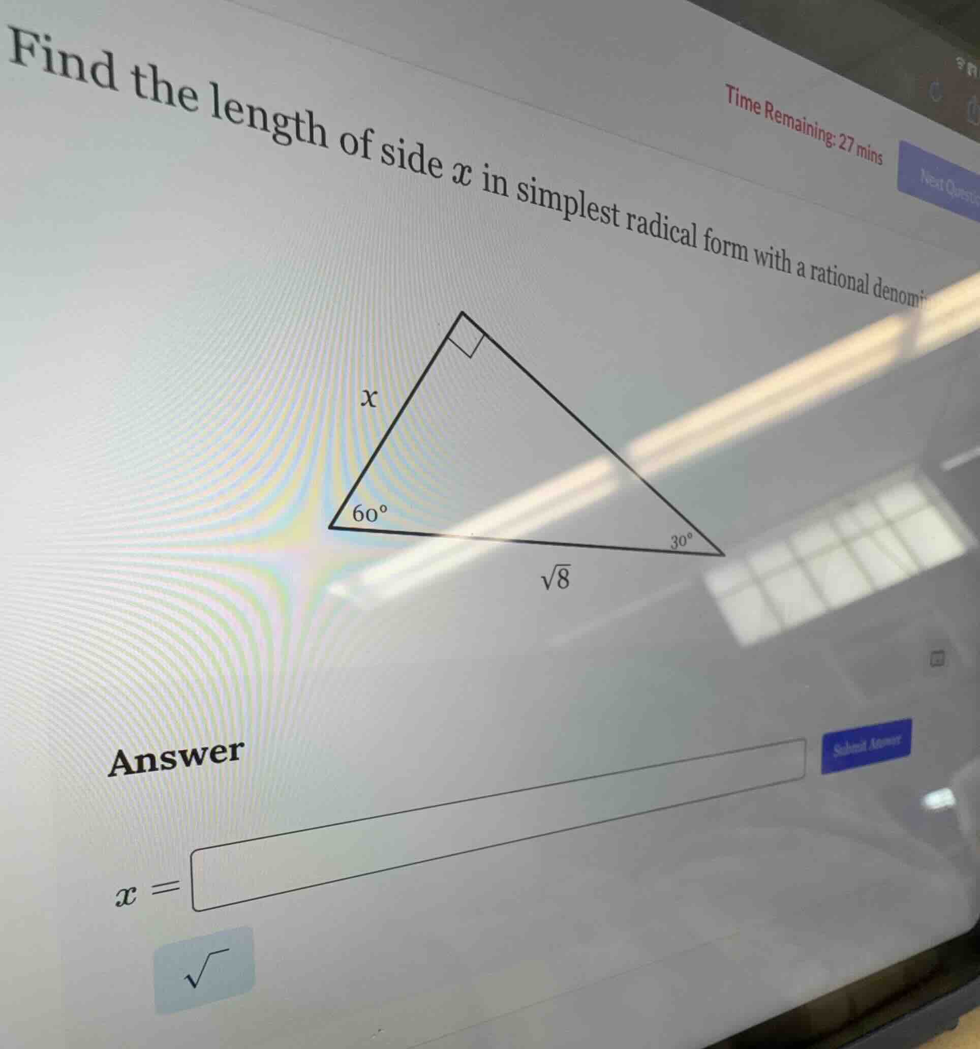 find the length of side ( x ) in simplest radical form with a rational …
