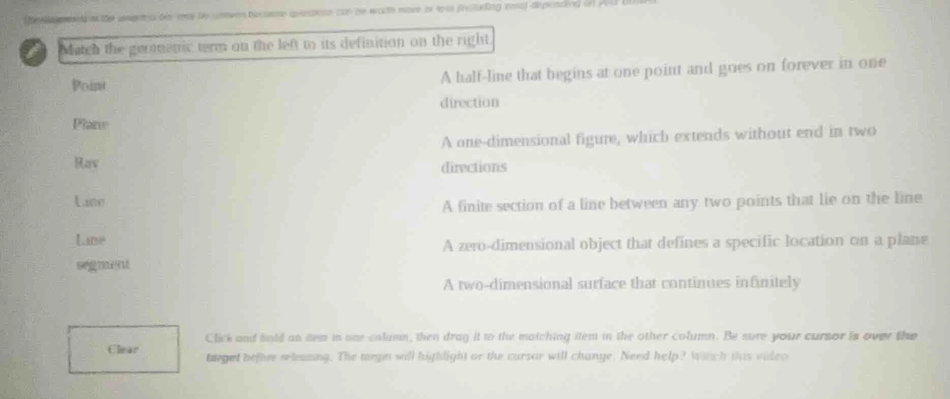 match the geometric term on the left to its definition on the right. po…
