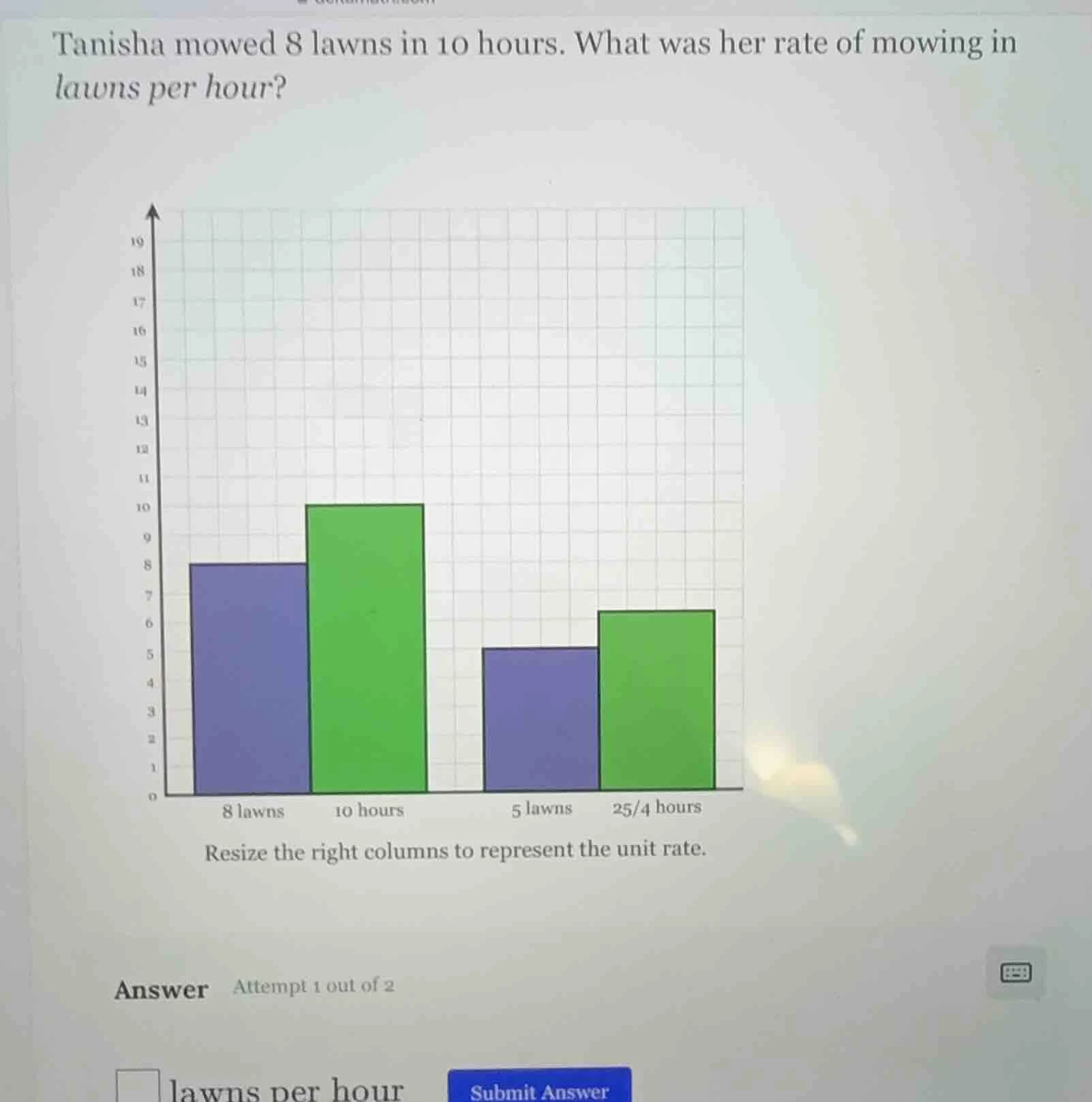 tanisha mowed 8 lawns in 10 hours. what was her rate of mowing in lawns…