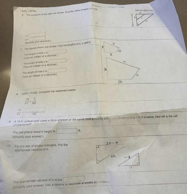 6. the polygons to the right are similar. find the value of each variab…