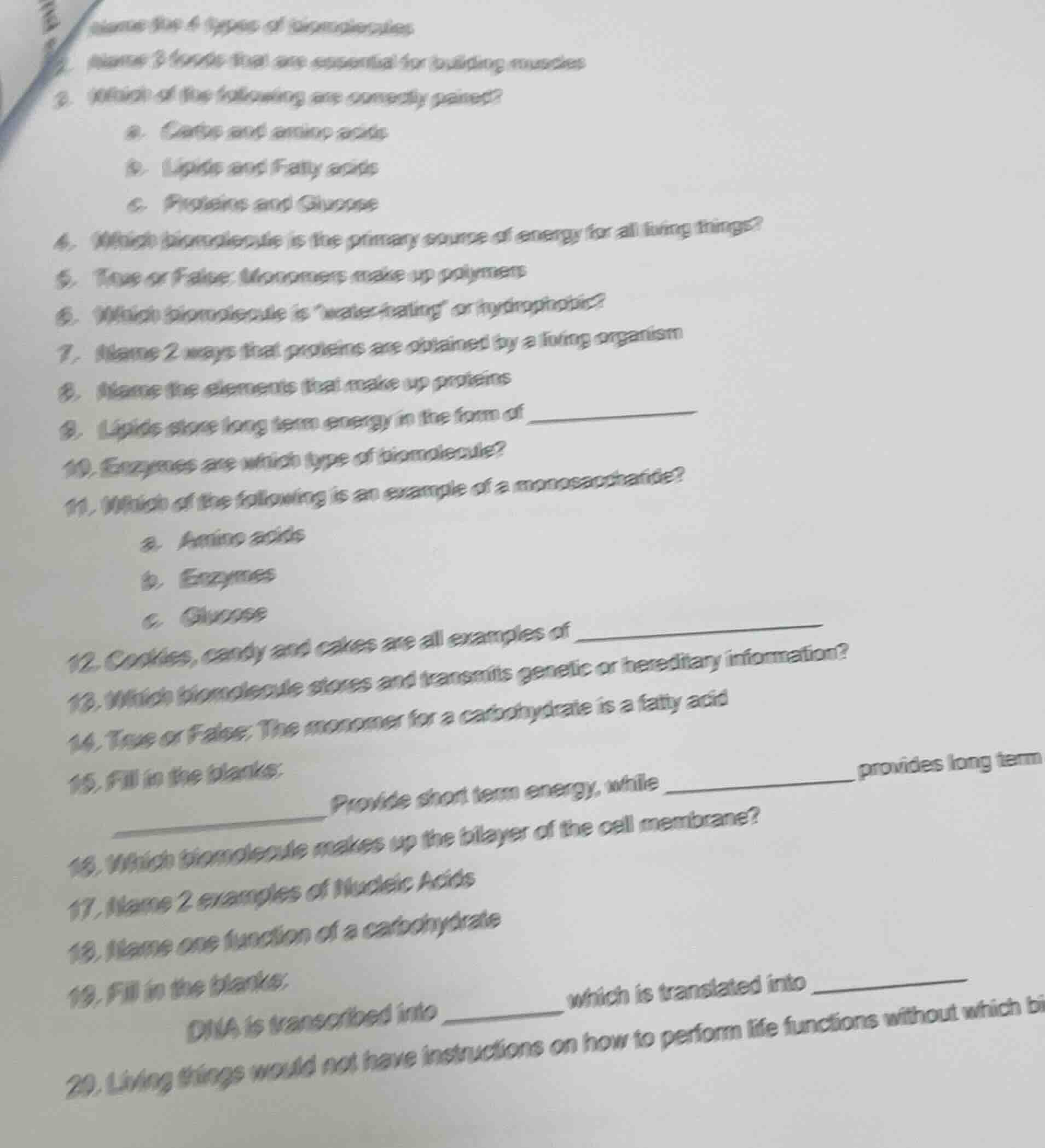 name the 4 types of biomolecules 2. name 3 foods that are essential for…