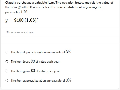 claudia purchases a valuable item. the equation below models the value …