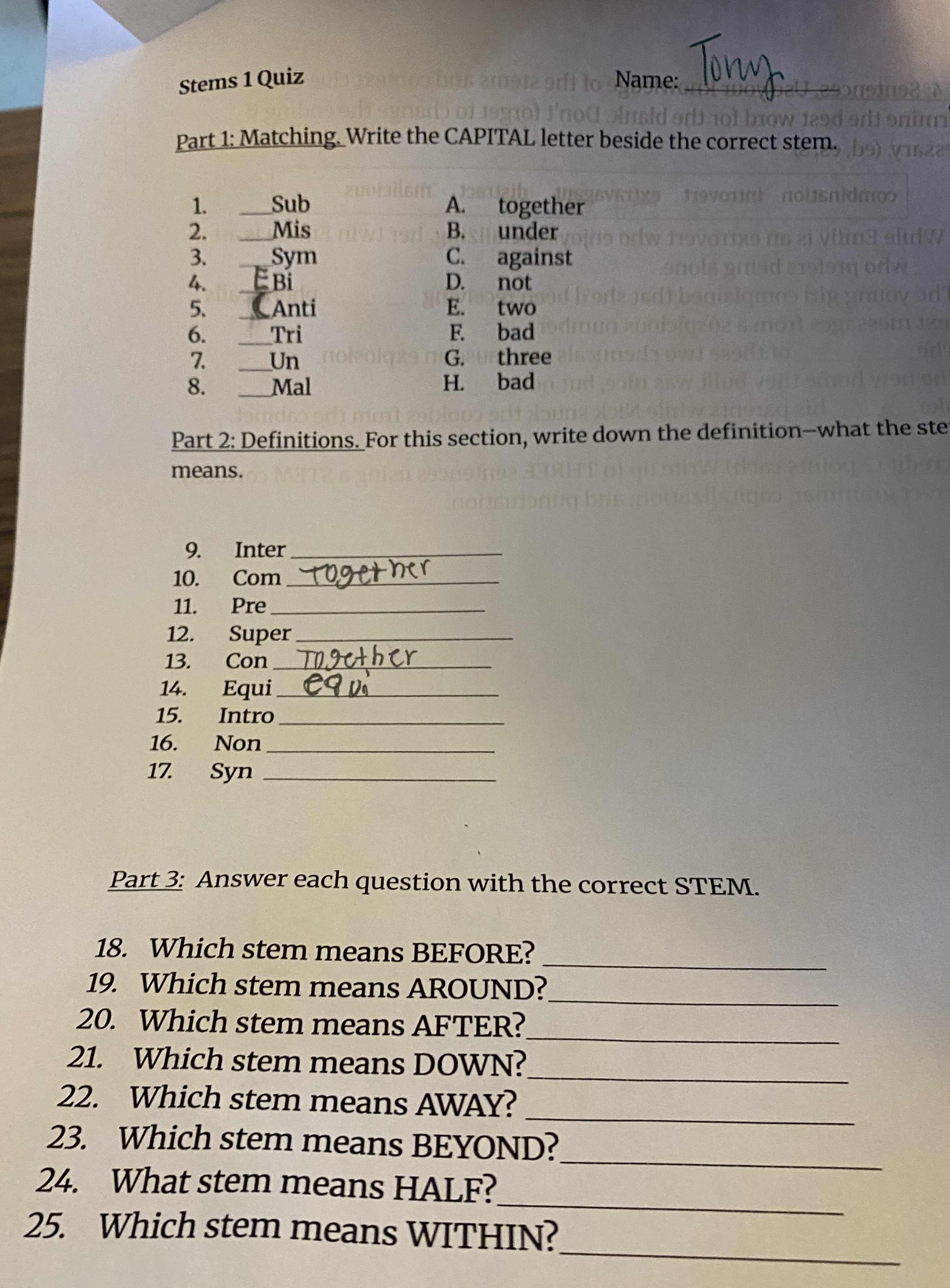 stems 1 quiz name: tony part 1: matching. write the capital letter besi…