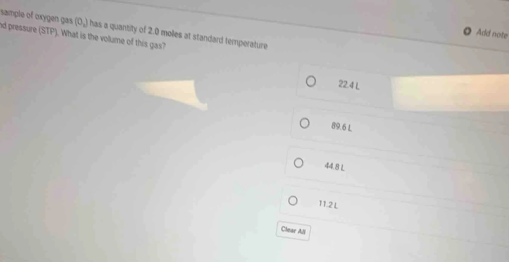 sample of oxygen gas (o₂) has a quantity of 2.0 moles at standard tempe…