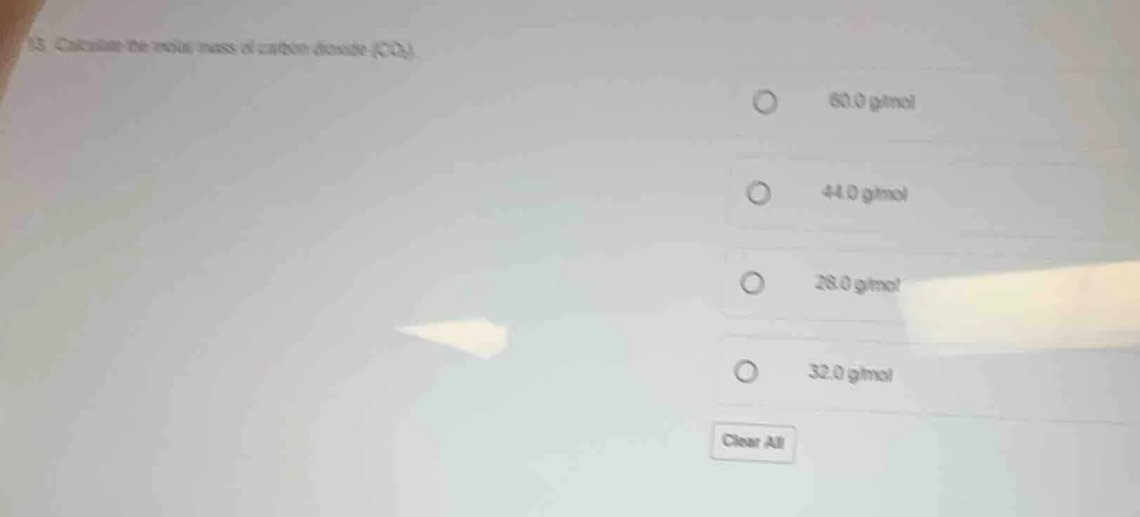 13. calculate the molar mass of carbon dioxide (co₂). 60.0 g/mol 44.0 g…