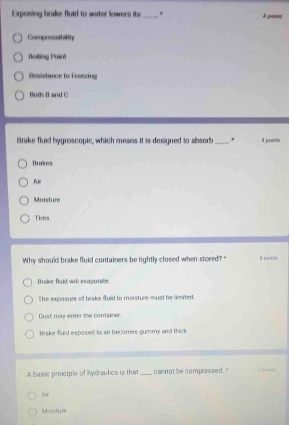 exposing brake fluid to water lowers its ____. options: compressibility…