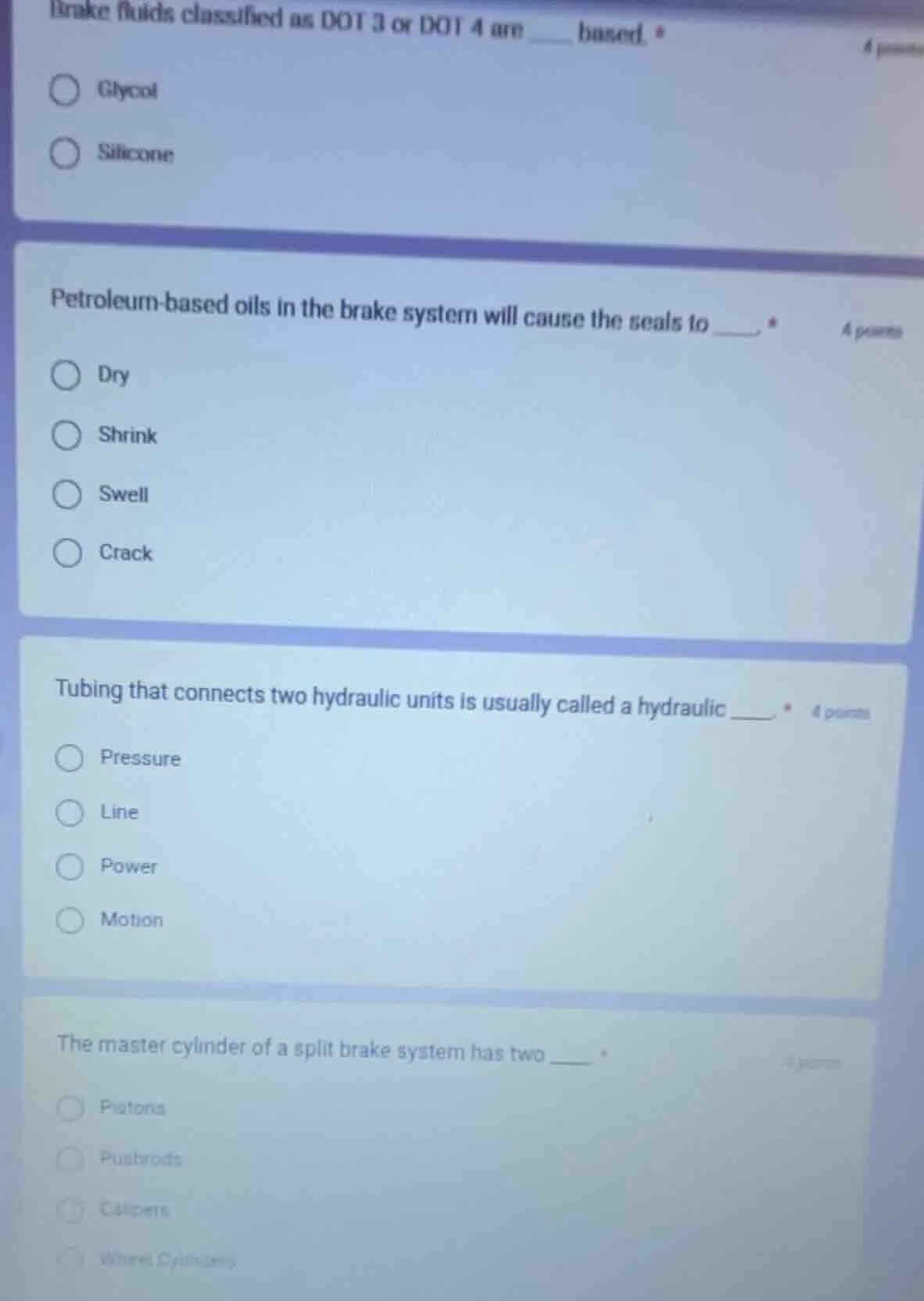 brake fluids classified as dot 3 or dot 4 are ___ based. glycol silicon…