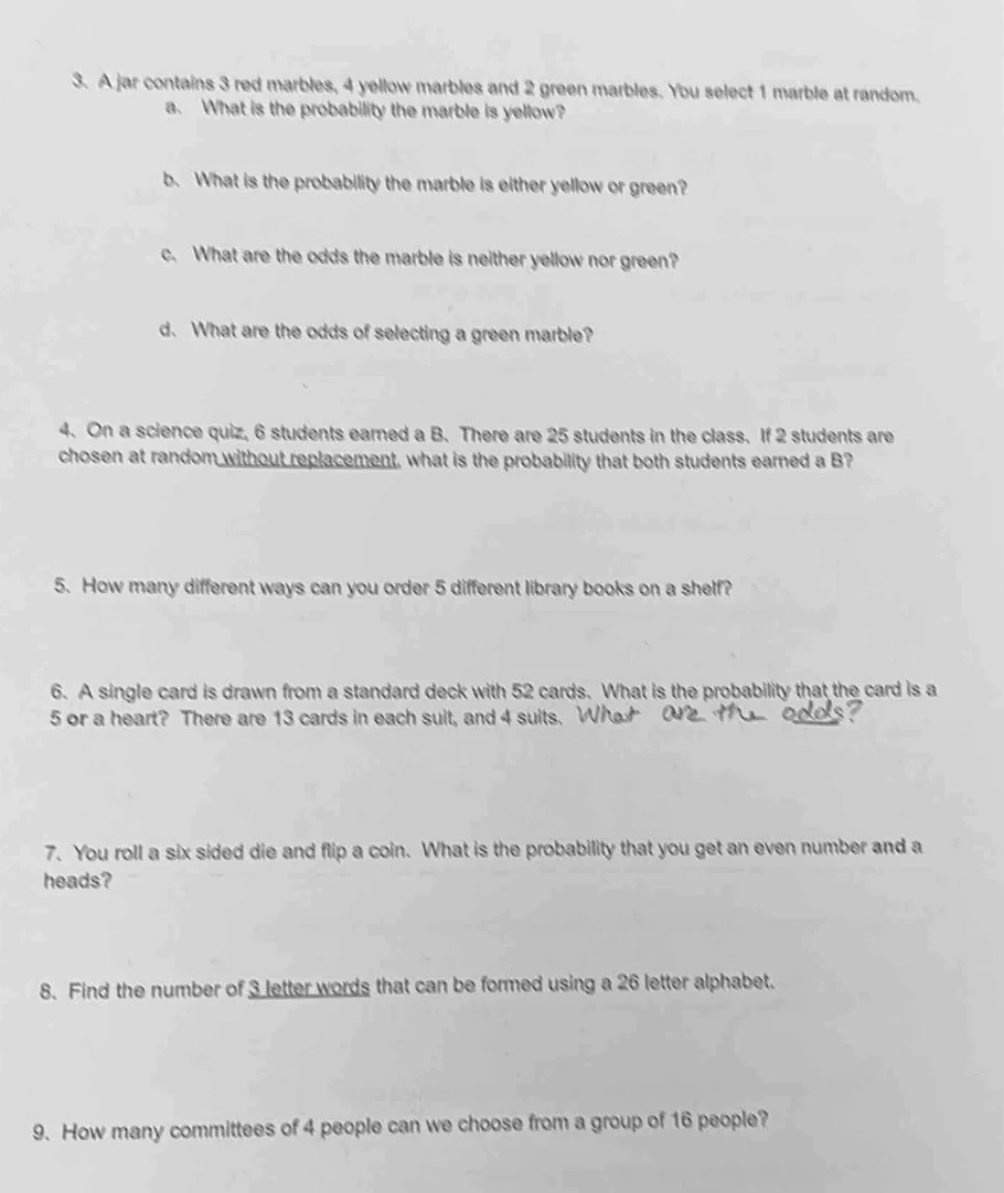 3. a jar contains 3 red marbles, 4 yellow marbles and 2 green marbles. …