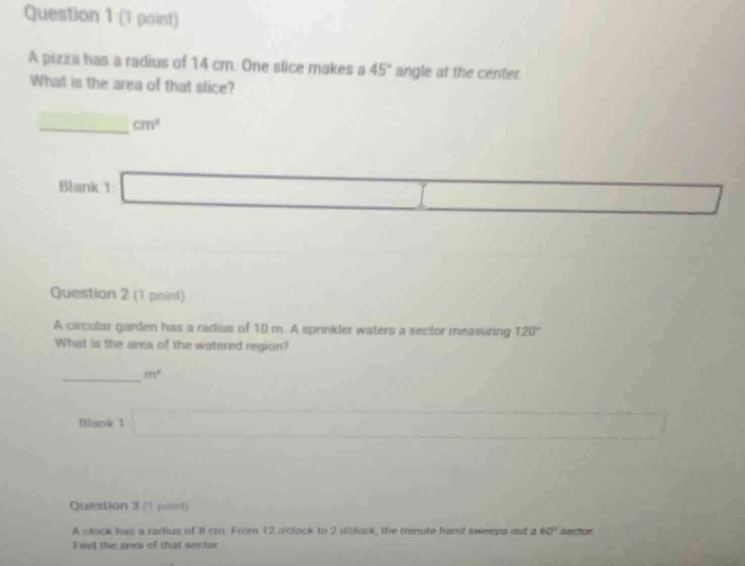 question 1 (1 point) a pizza has a radius of 14 cm. one slice makes a 4…