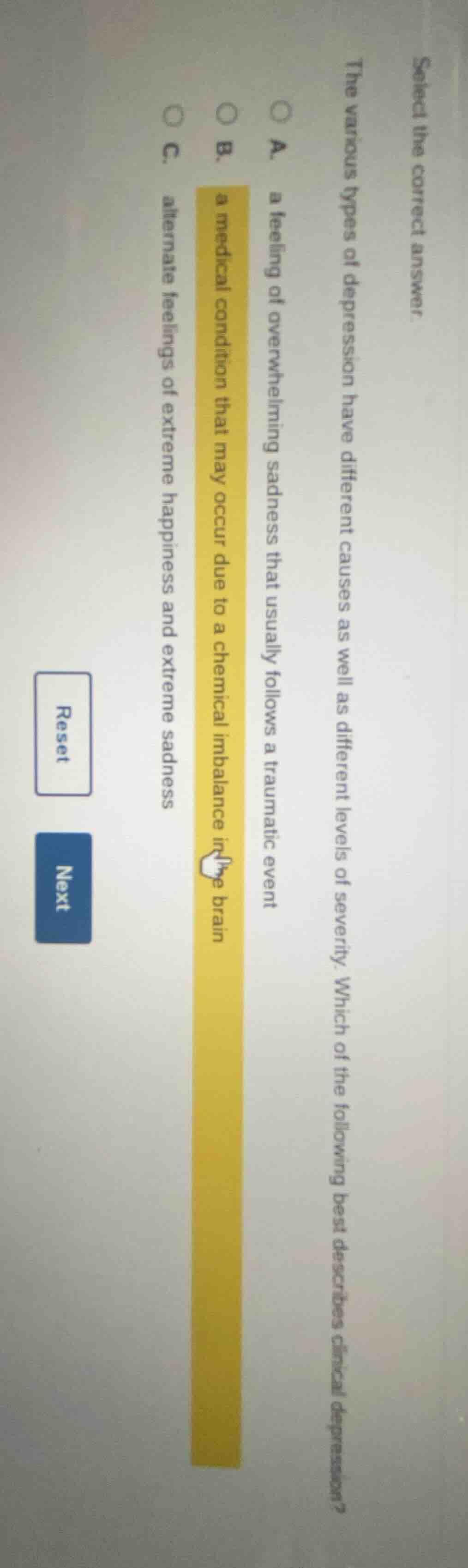 select the correct answer. the various types of depression have differe…