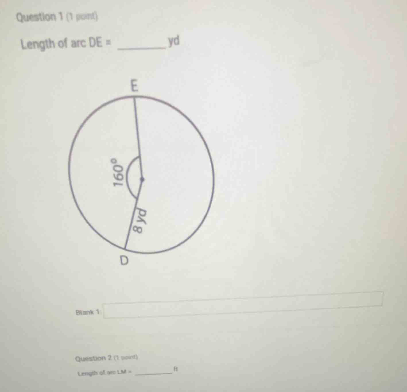 question 1 (1 point) length of arc de = ______ yd question 2 (1 point) …