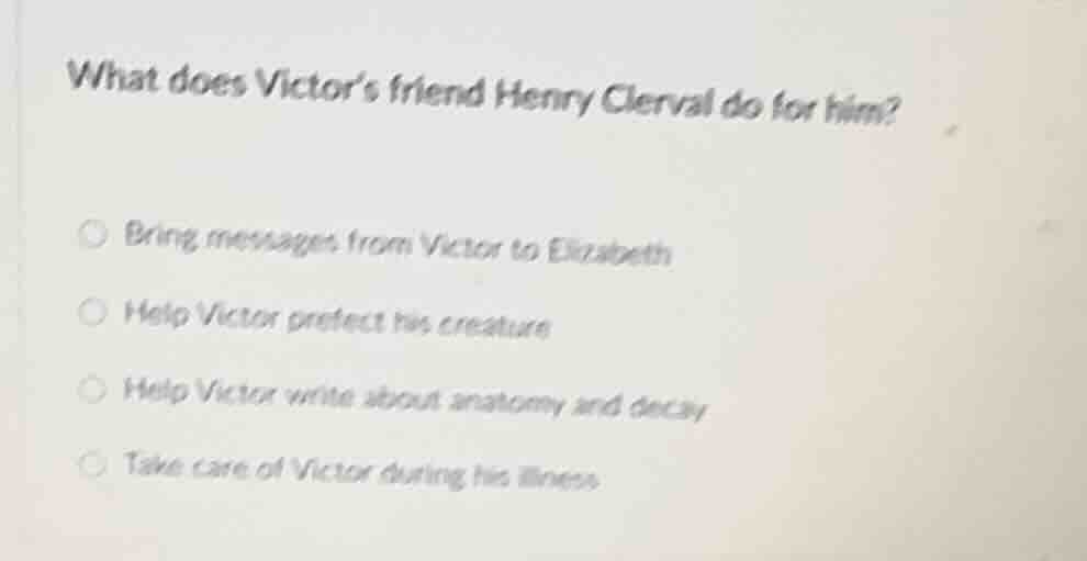 what does victor’s friend henry clerval do for him? bring messages from…