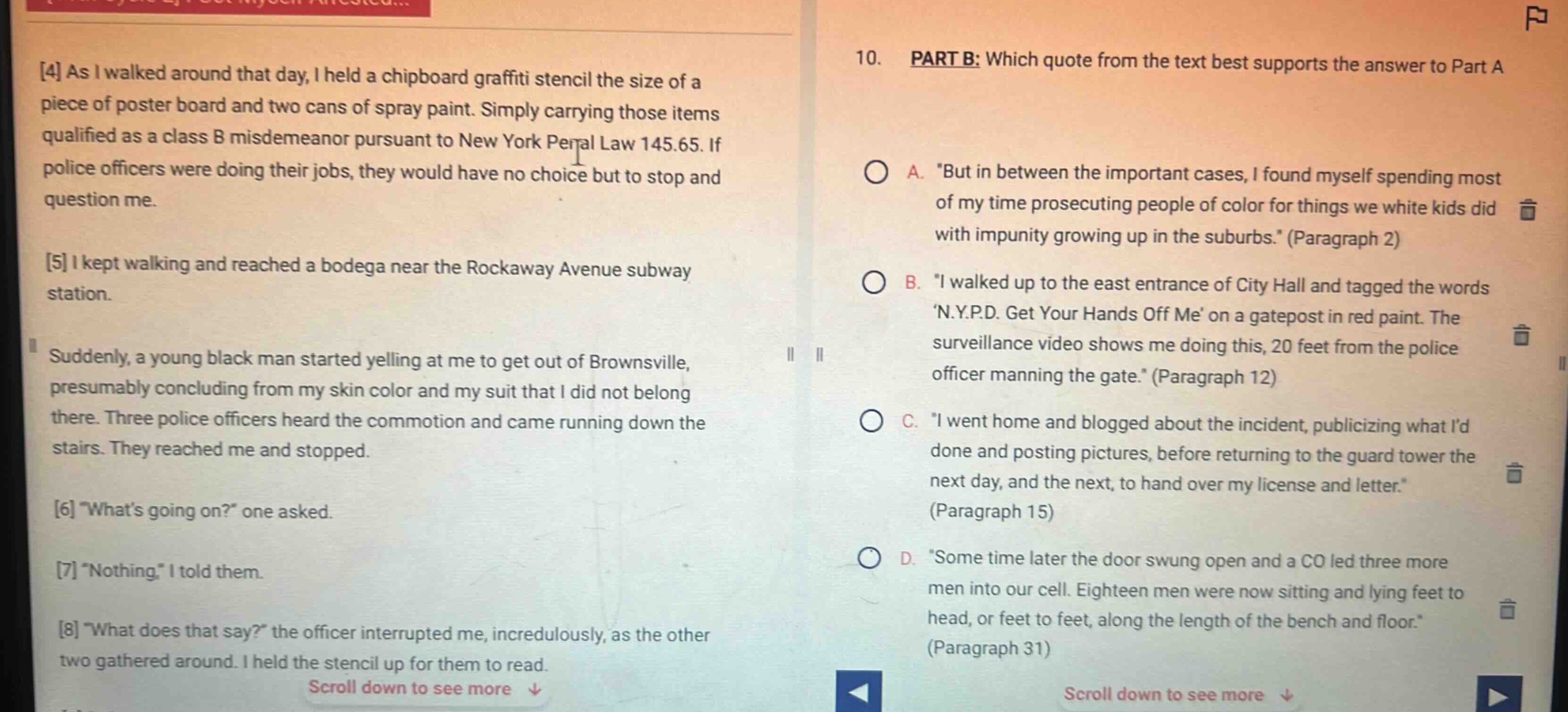 10. part b: which quote from the text best supports the answer to part …