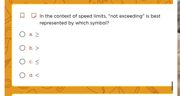 in the context of speed limits, ot exceeding\ is best represented by wh…