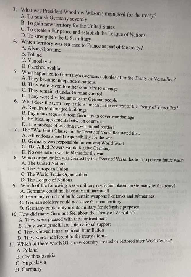 3. what was president woodrow wilsons main goal for the treaty? a. to p…
