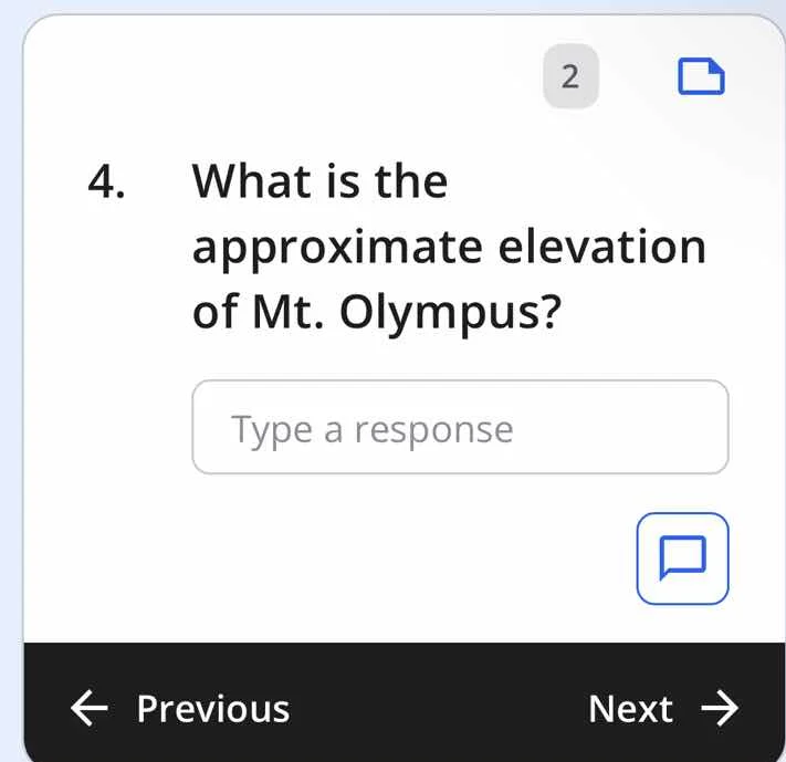 4. what is the approximate elevation of mt. olympus? type a response