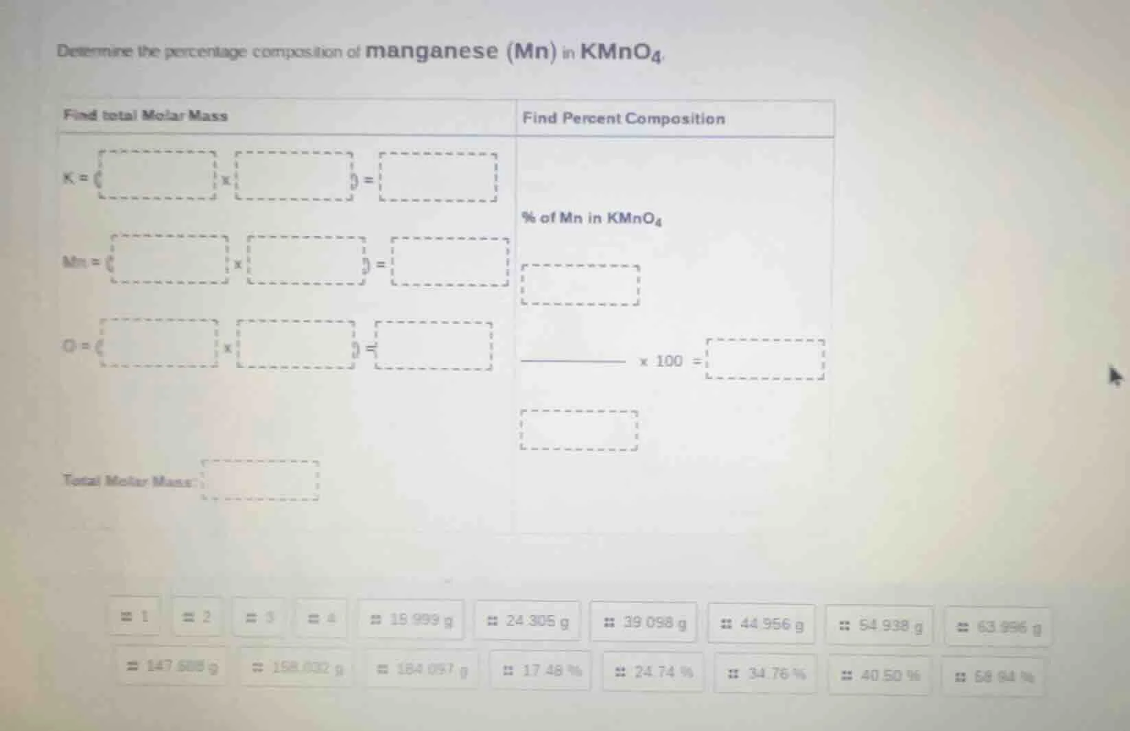 determine the percentage composition of manganese (mn) in kmno₄. find t…