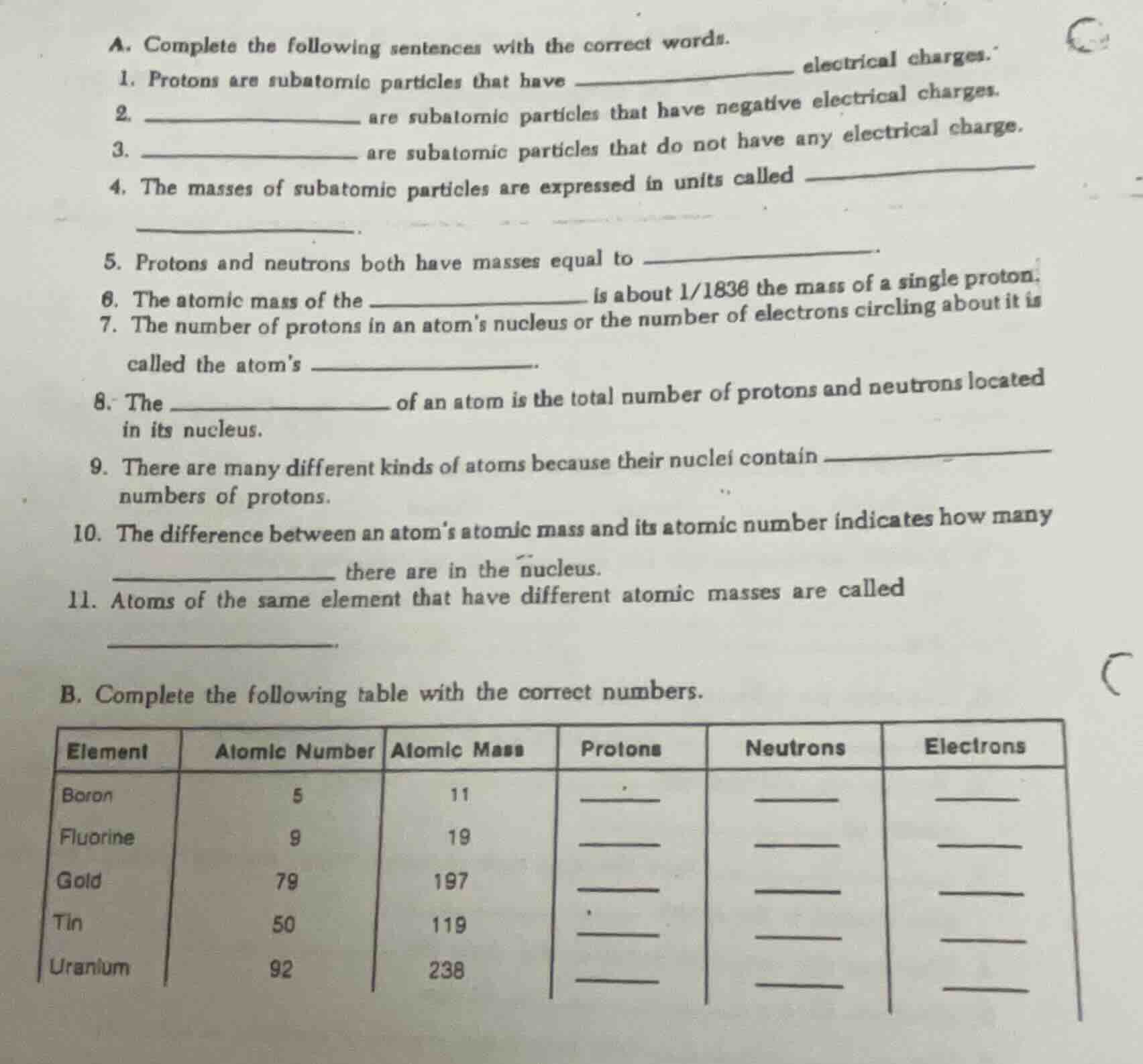 a. complete the following sentences with the correct words. 1. protons …