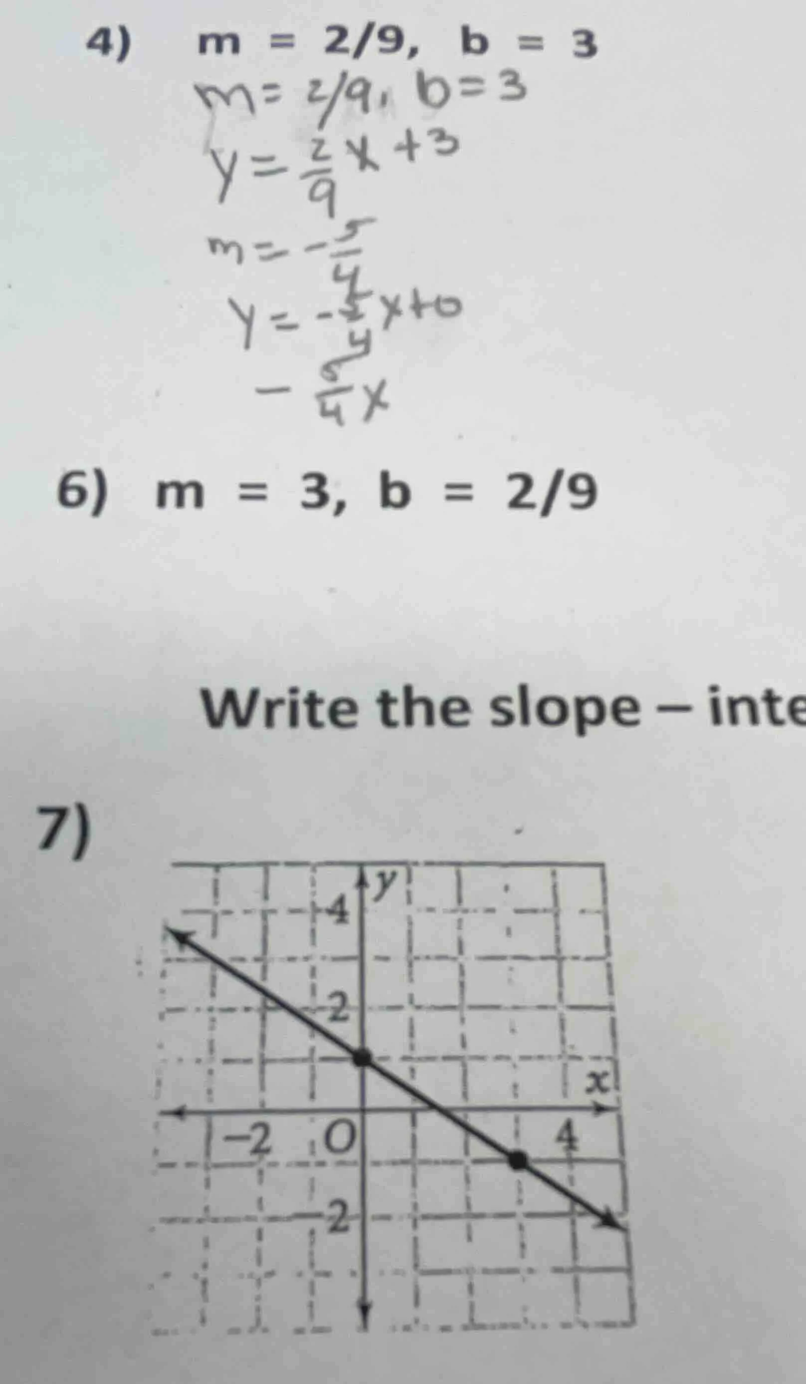 4) m = 2/9, b = 3 6) m = 3, b = 2/9 write the slope – inte 7)