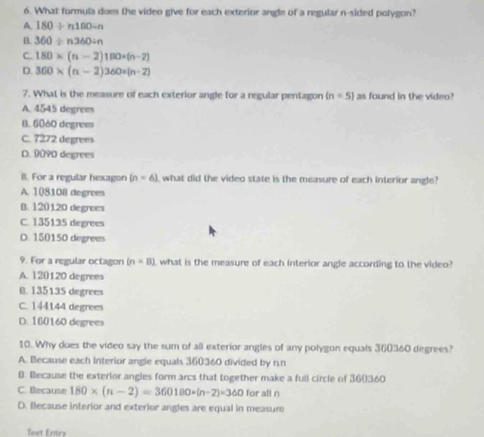 6. what formula does the video give for each exterior angle of a regula…