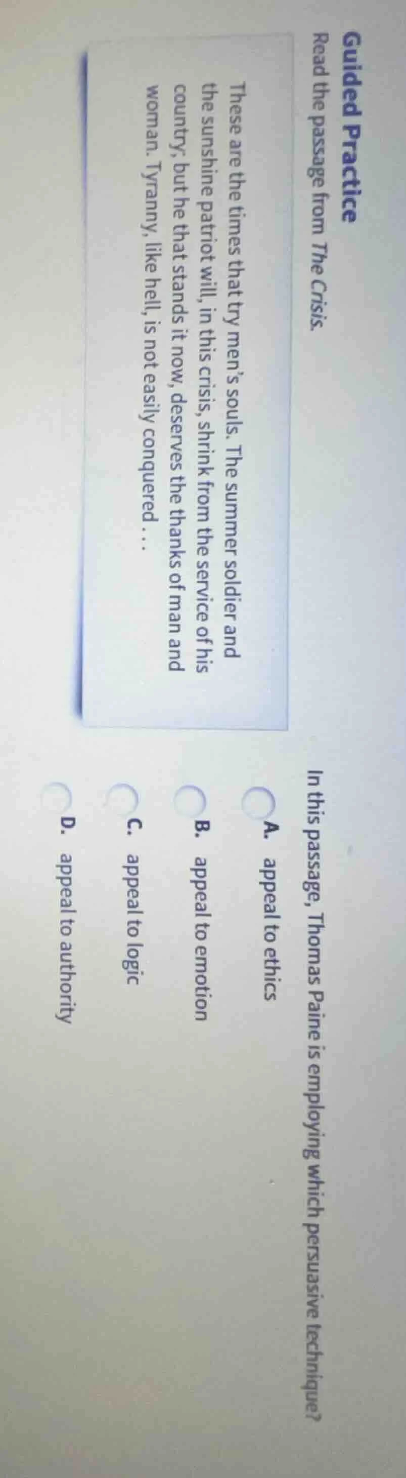 guided practice read the passage from the crisis. these are the times t…