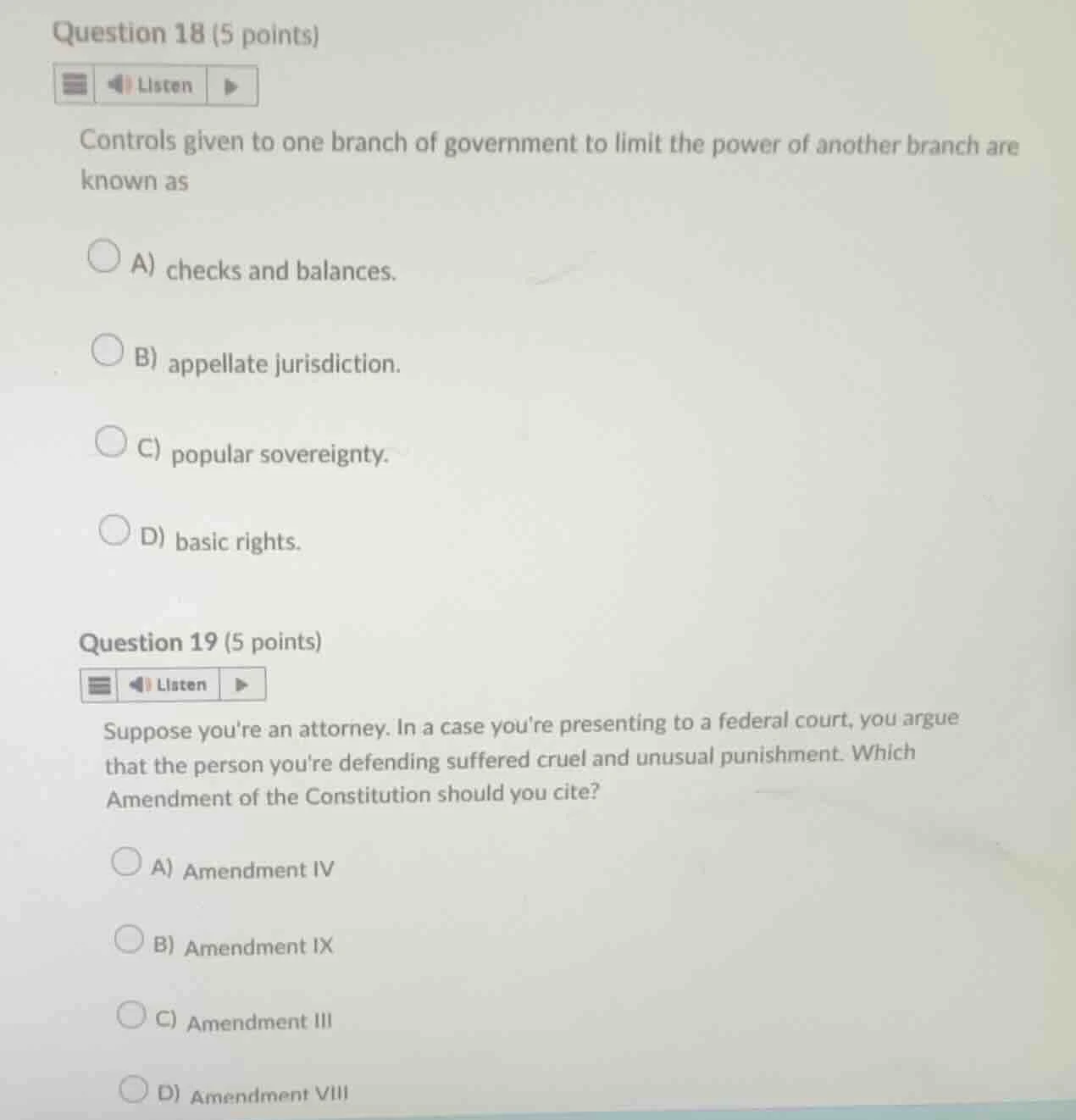 question 18 (5 points) listen controls given to one branch of governmen…