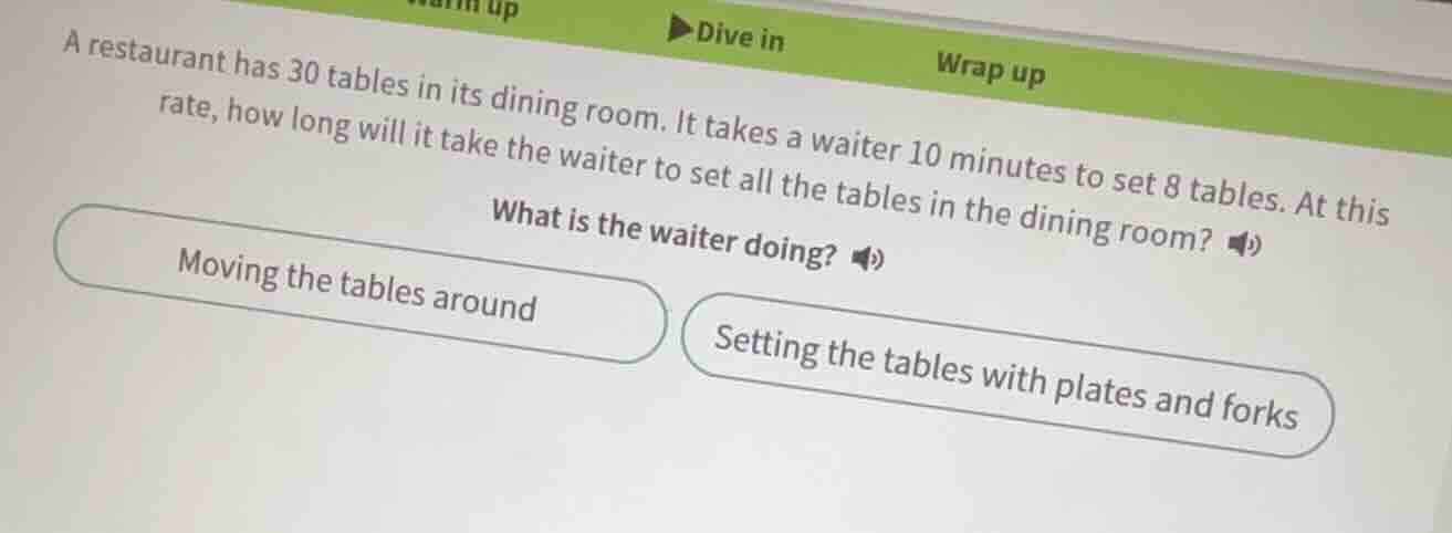a restaurant has 30 tables in its dining room. it takes a waiter 10 min…