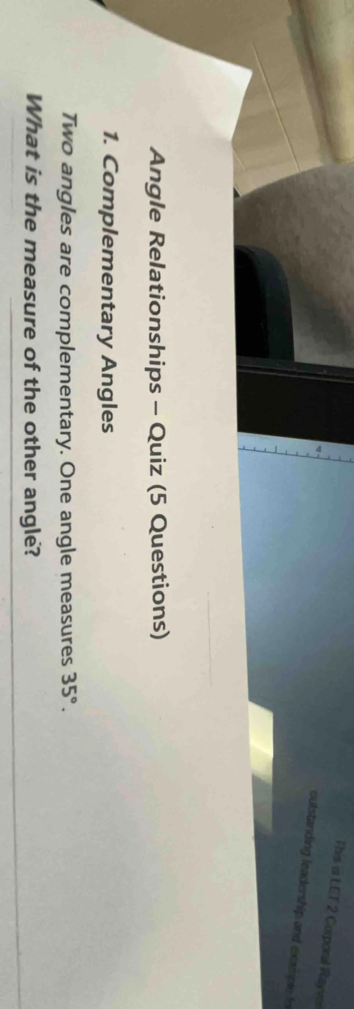 angle relationships – quiz (5 questions) 1. complementary angles two an…