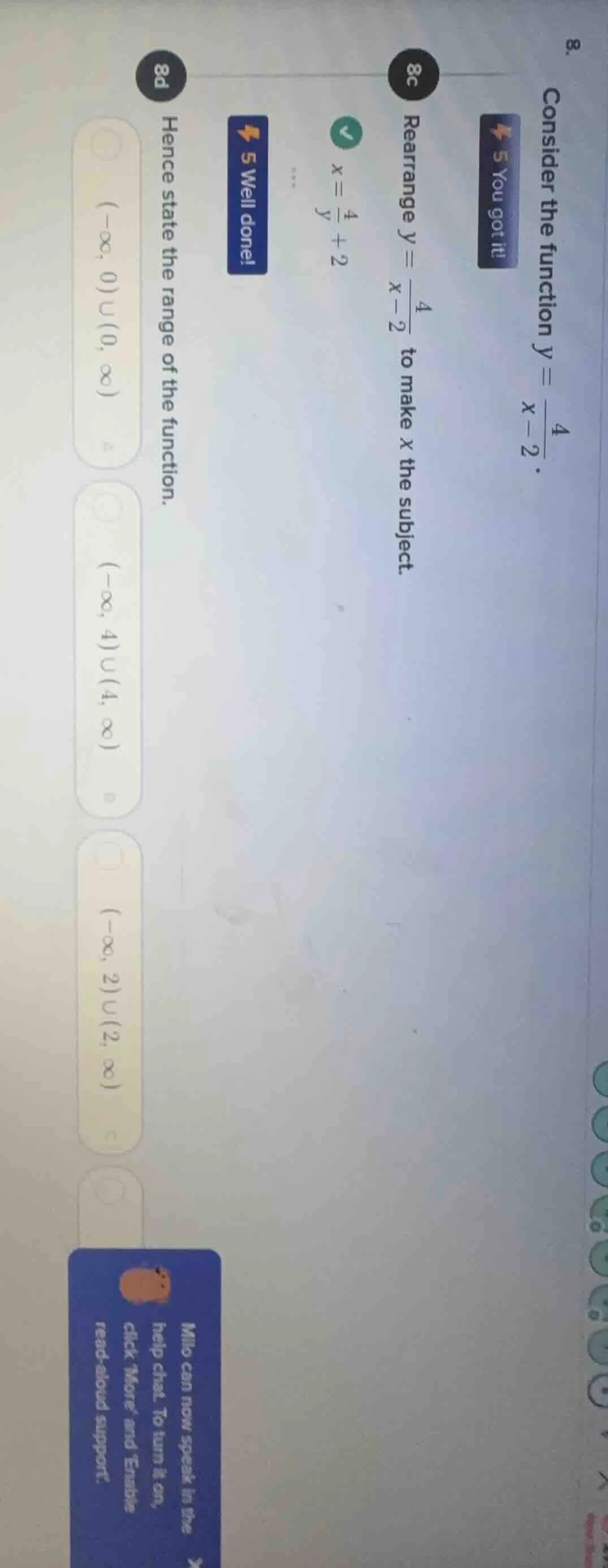 8. consider the function $y = \\frac{4}{x - 2}$. 8c rearrange $y = \\fr…