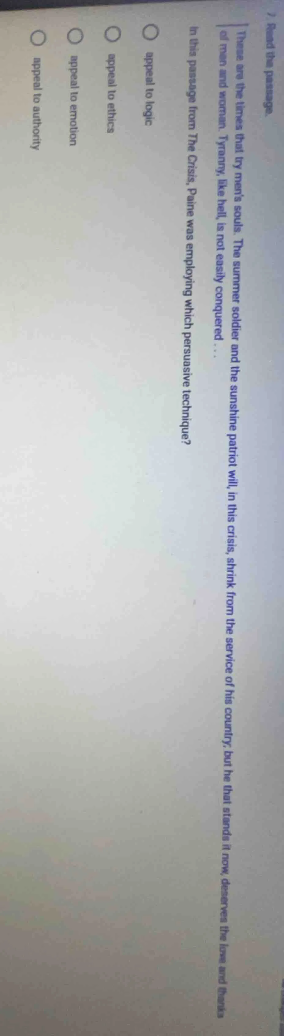 read the passage. these are the times that try men’s souls. the summer …