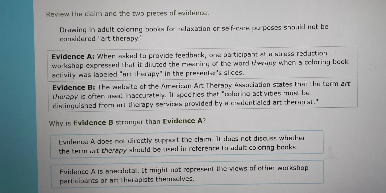 review the claim and the two pieces of evidence. drawing in adult color…