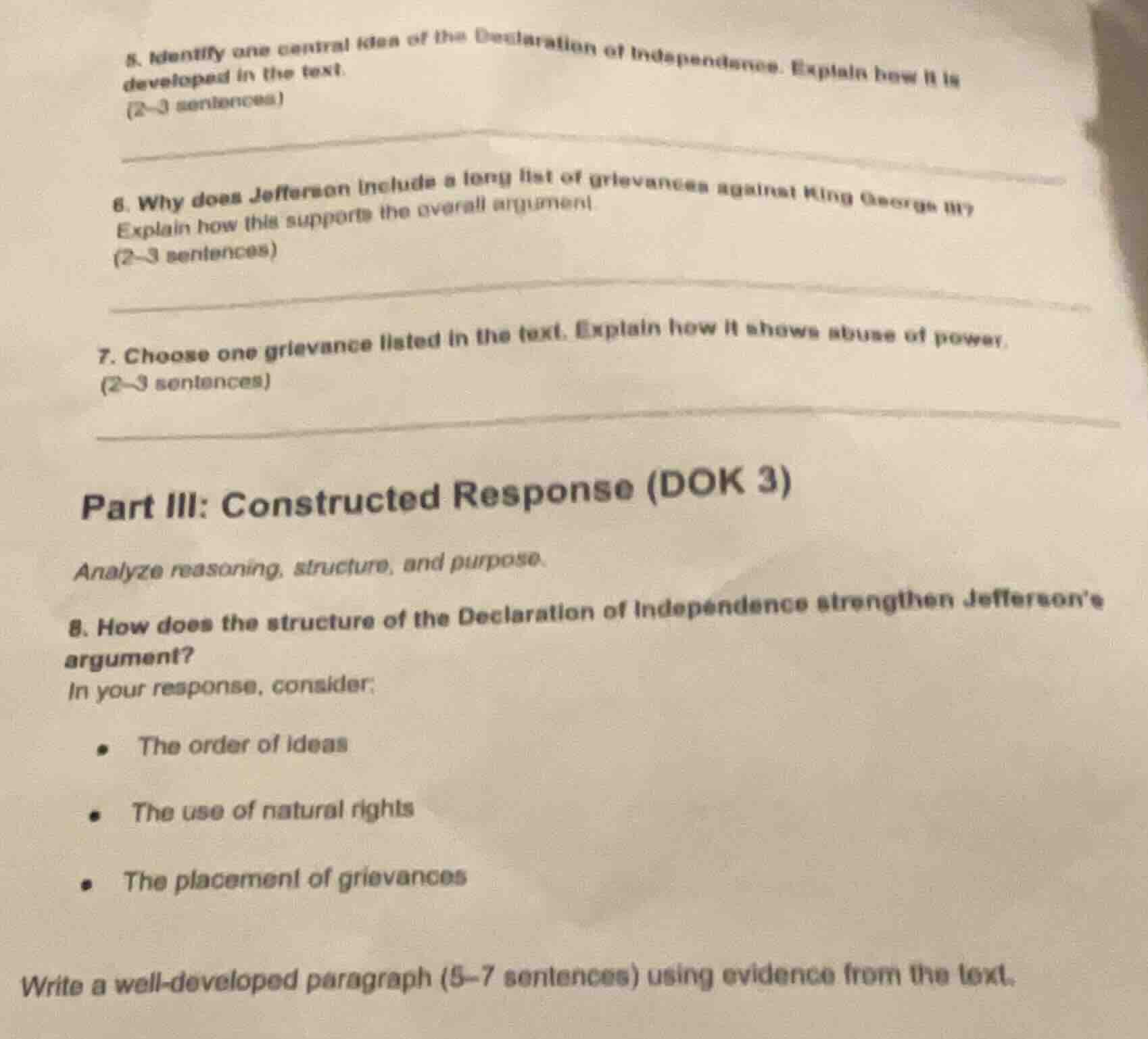 5. identify one central idea of the declaration of independence. explai…