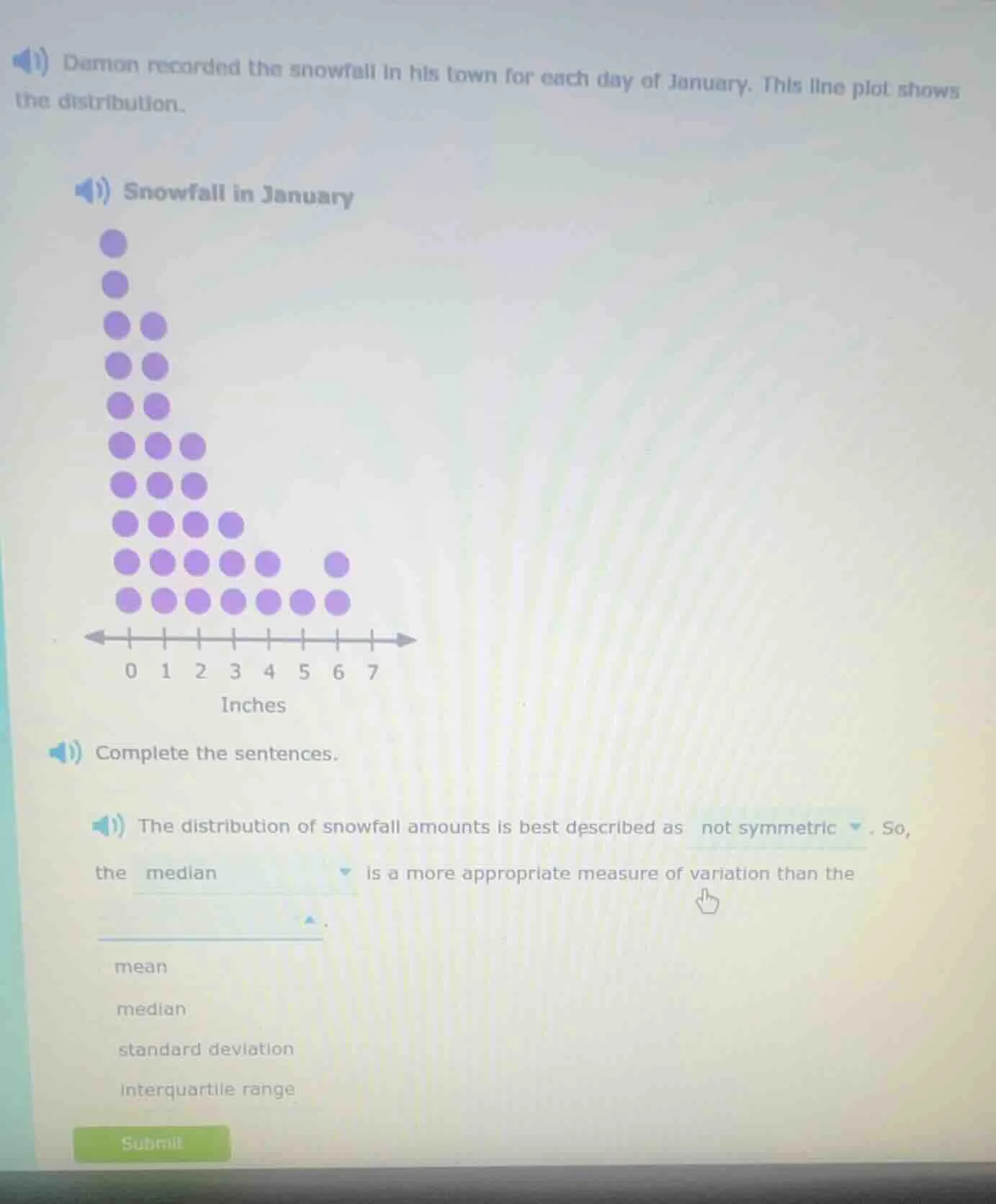 damon recorded the snowfall in his town for each day of january. this l…