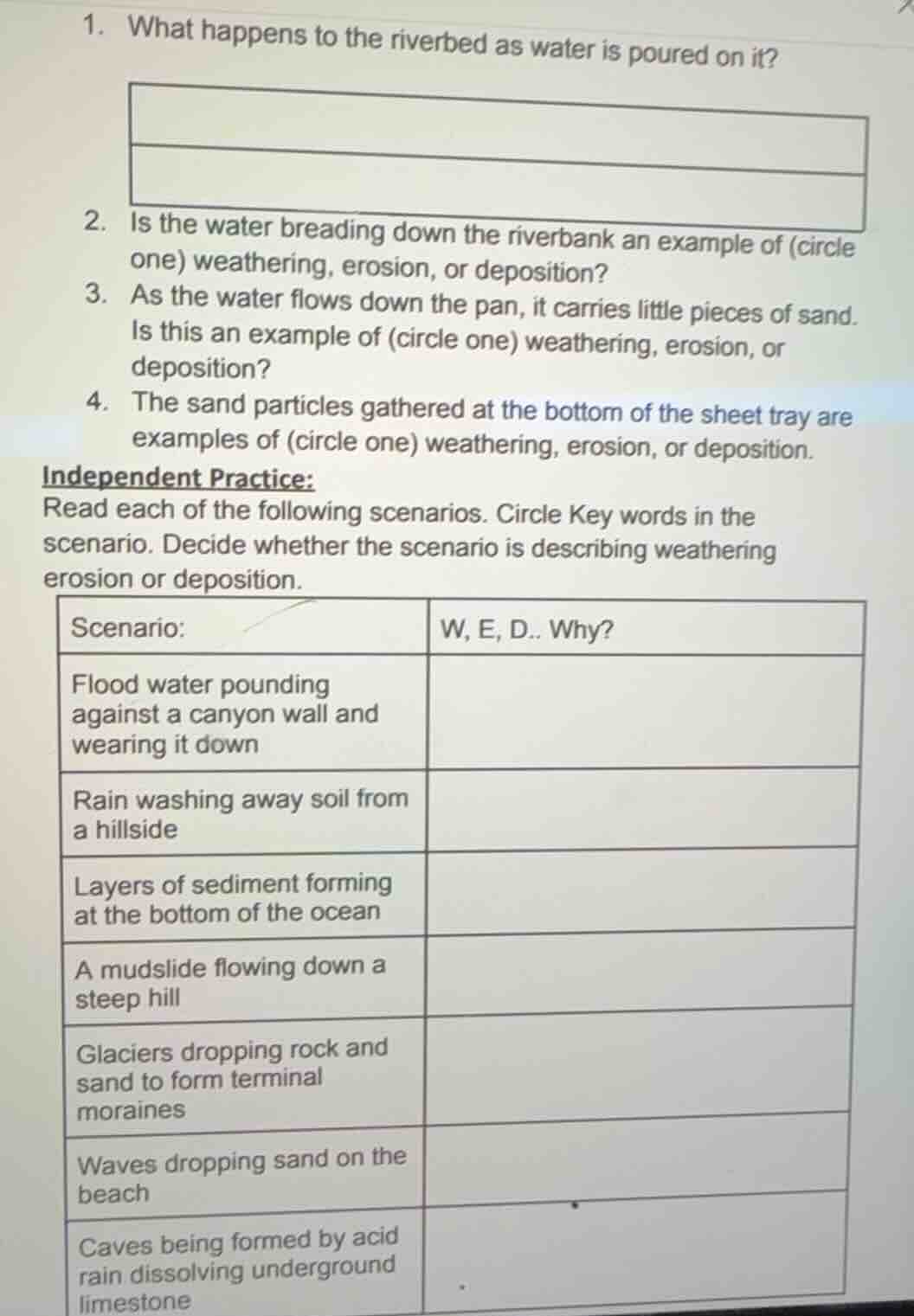 1. what happens to the riverbed as water is poured on it? 2. is the wat…