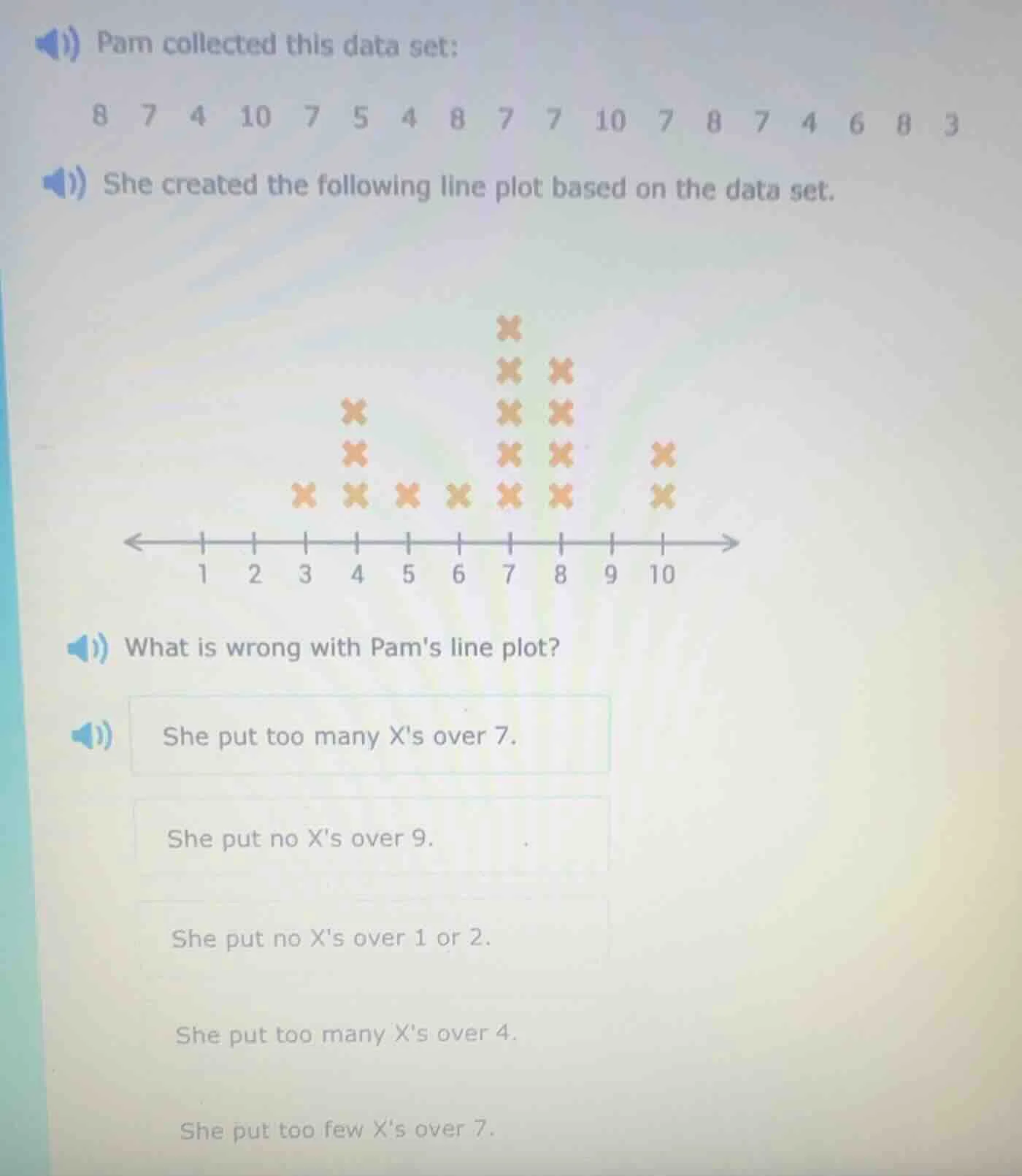 pam collected this data set: 8 7 4 10 7 5 4 8 7 7 10 7 8 7 4 6 8 3 she …