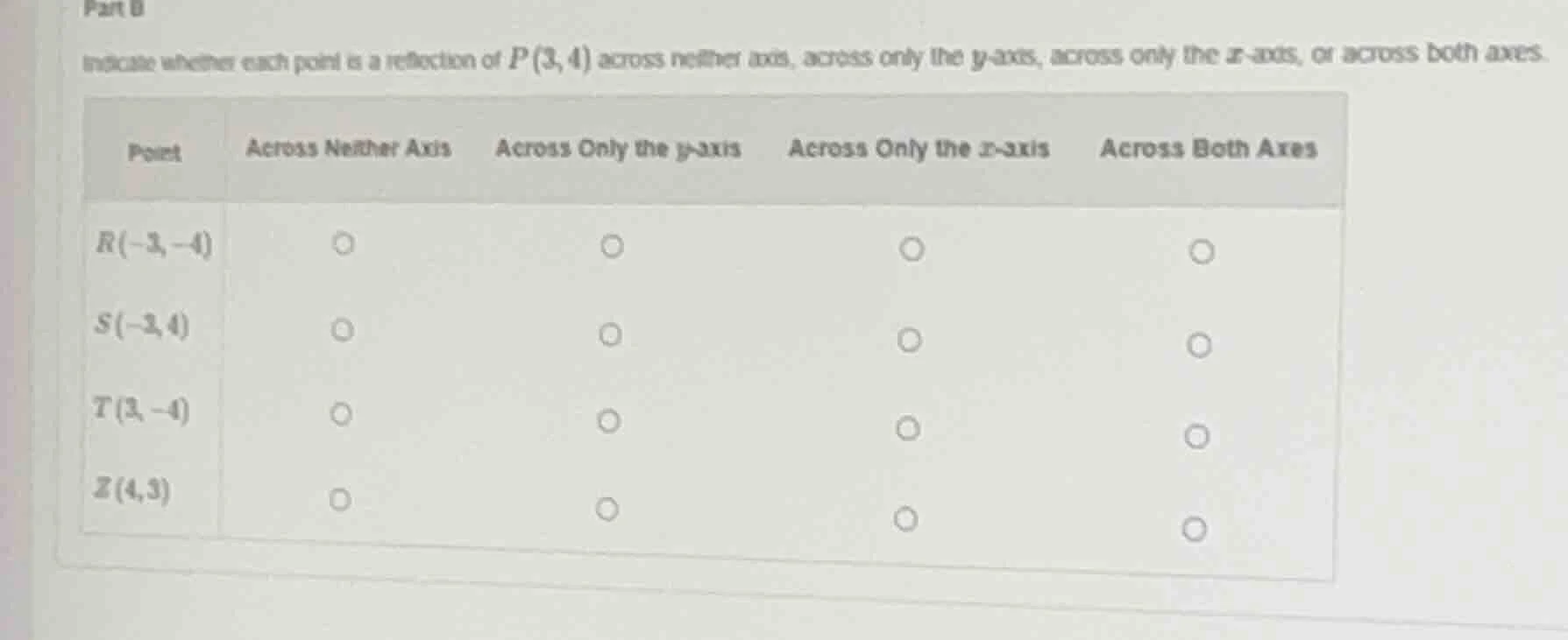 part b indicate whether each point is a reflection of ( p(3, 4) ) acros…