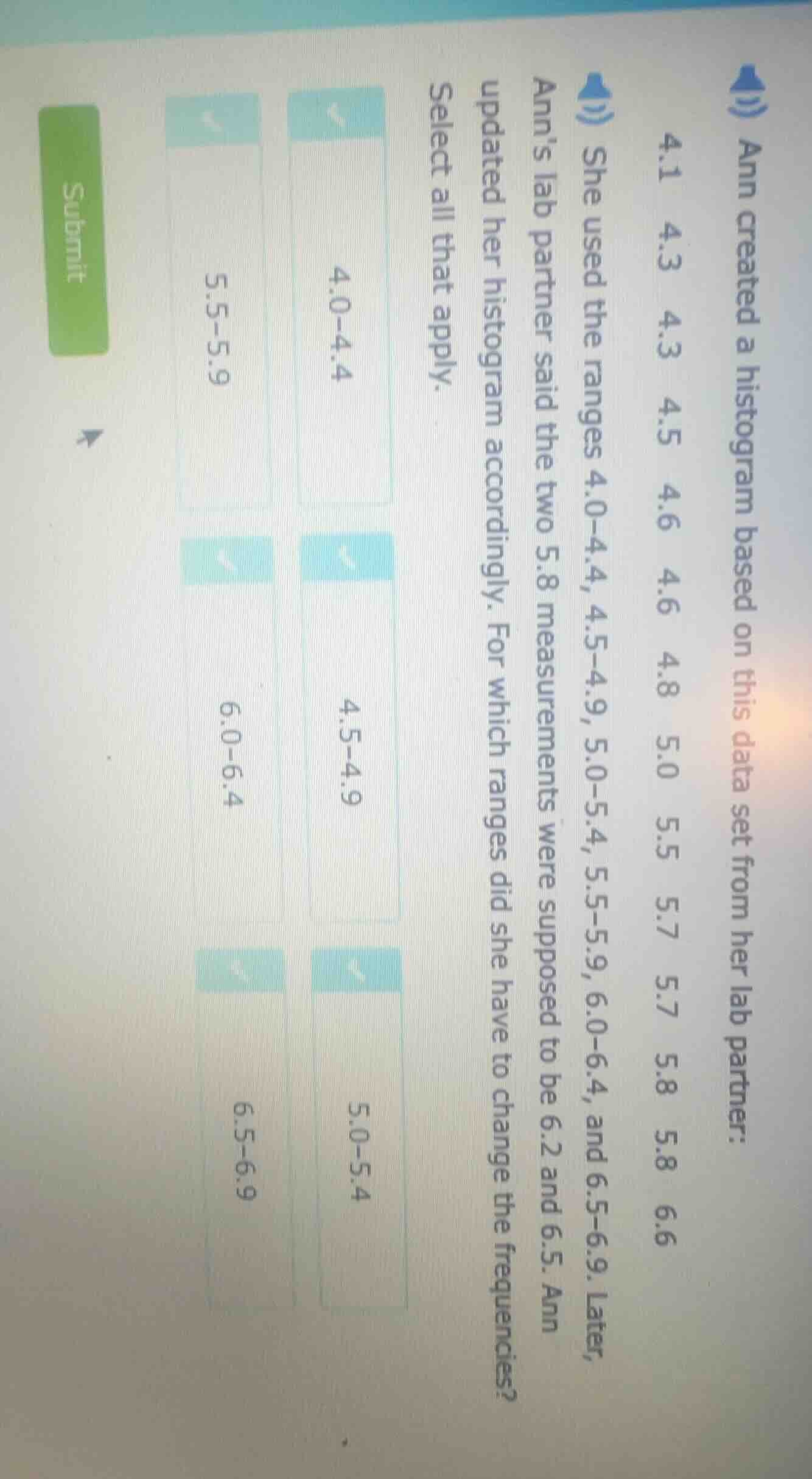 ann created a histogram based on this data set from her lab partner: 4.…