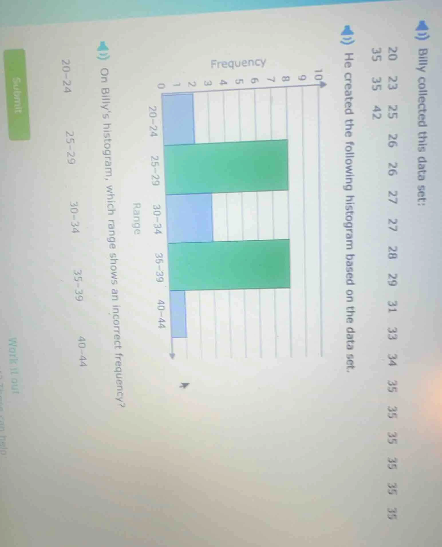 billy collected this data set: 20 23 25 26 26 27 27 28 29 31 33 34 35 3…