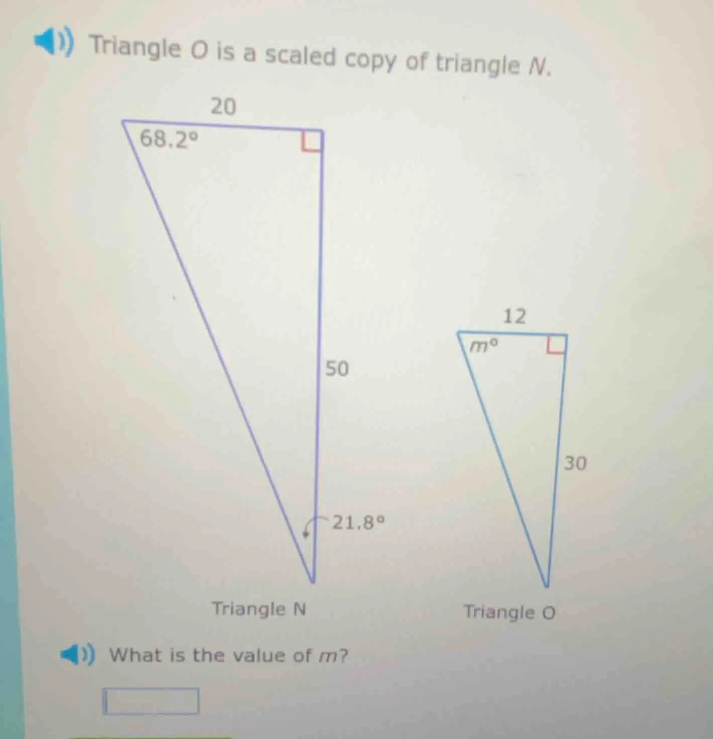 triangle o is a scaled copy of triangle n. what is the value of m?