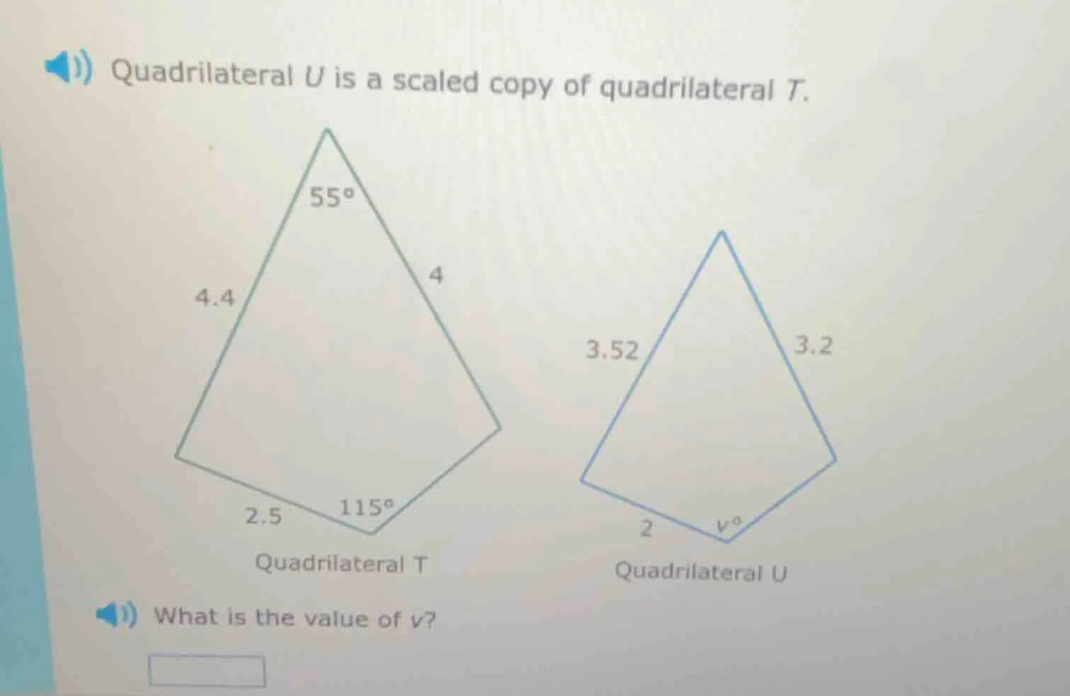 quadrilateral u is a scaled copy of quadrilateral t. quadrilateral t ha…