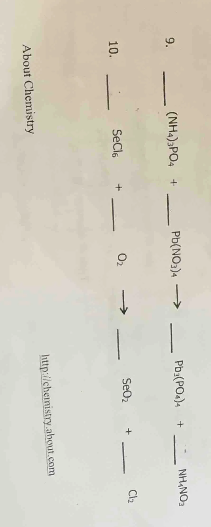 9. ___ (nh₄)₃po₄ + ___ pb(no₃)₄ → ___ pb₃(po₄)₄ + ___ nh₄no₃ 10. ___ se…