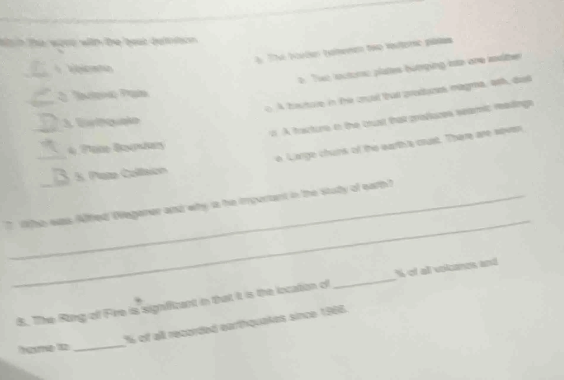 match the term with the basic definition. 1. volcano a. the border betw…